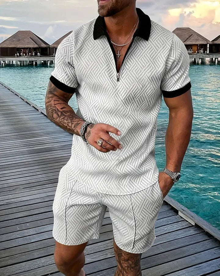 Men's fashion two-piece set: casual zip polo and matching shorts. Essential summer outfit for effortless style.