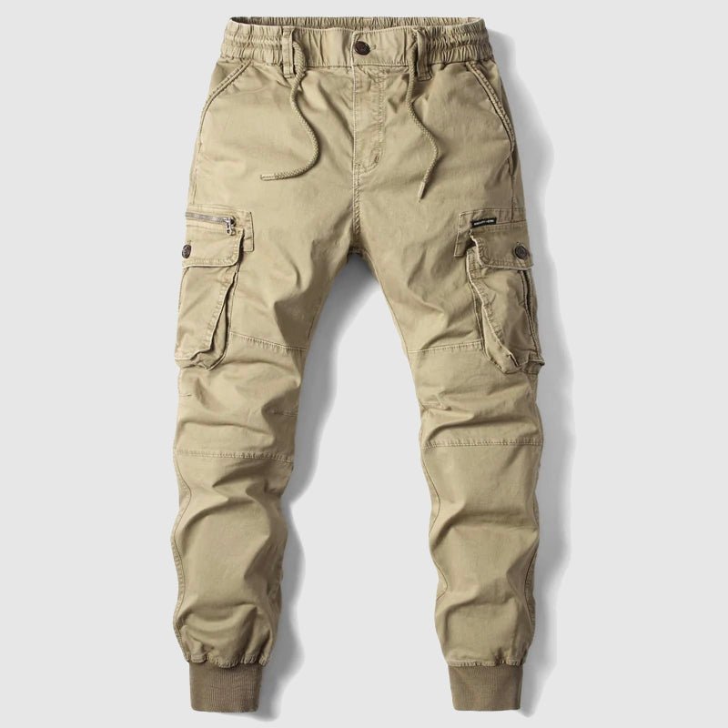 Men's tactical cargo joggers in black, offering all-day comfort, style & utility for casual wear & active lifestyles.