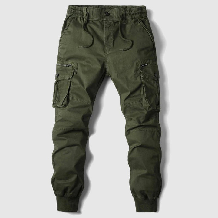 Full shot of men's fashionable tactical cargo joggers, providing comfort & practical style for modern streetwear.