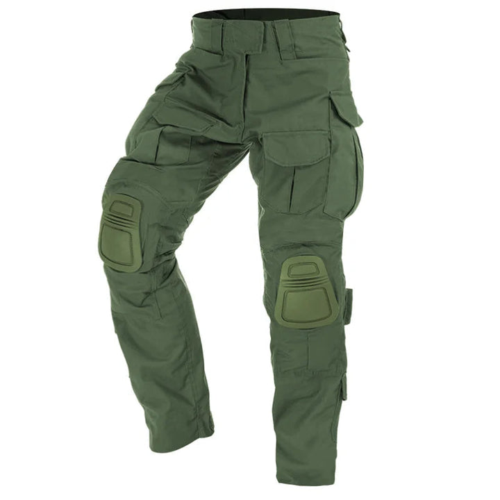 Side view of men's rugged tactical cargo pants featuring built-in knee pads, suitable for combat, work, & active use.