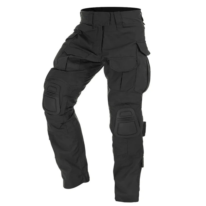 Back view of men's durable cargo pants, reinforced for tactical use, with integrated knee pads, perfect for workwear.