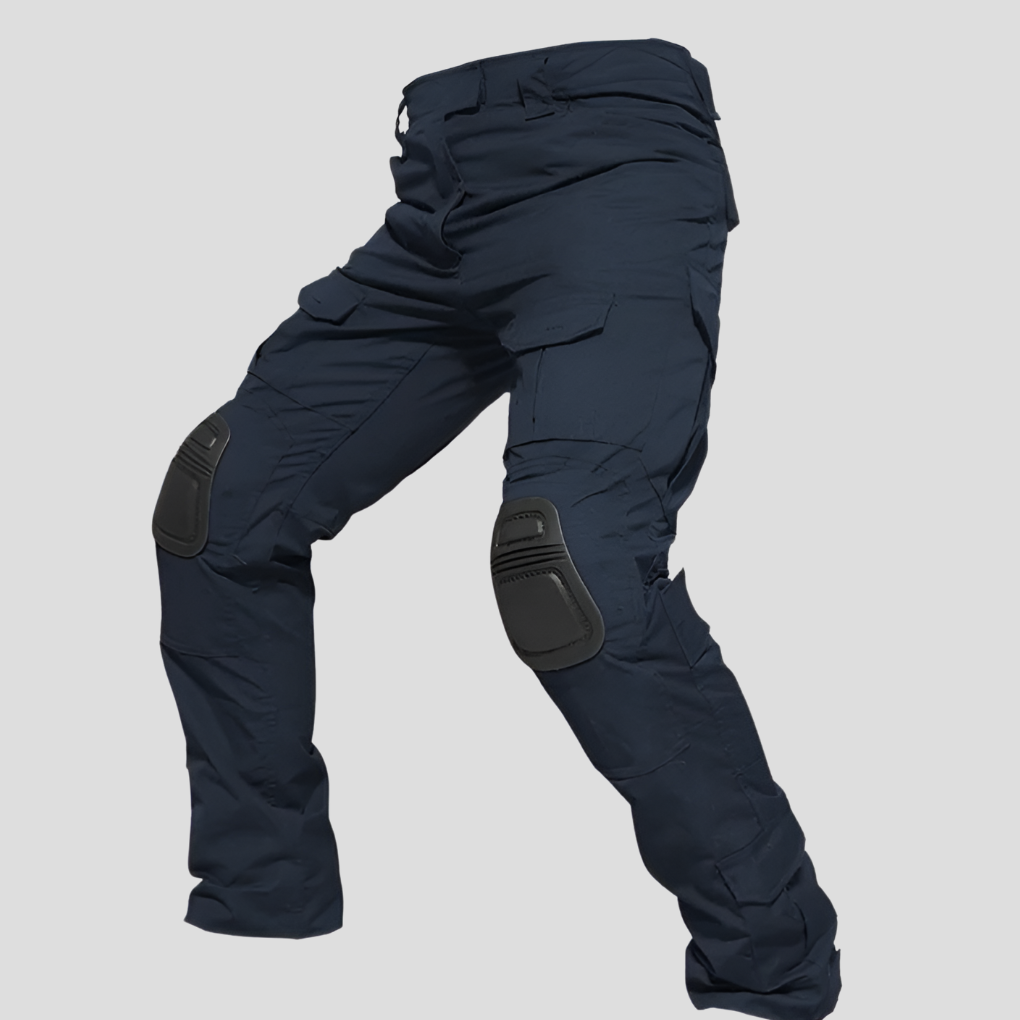 Close-up of integrated knee pad on men's tactical cargo pants, offering durable protection for outdoor and work tasks.