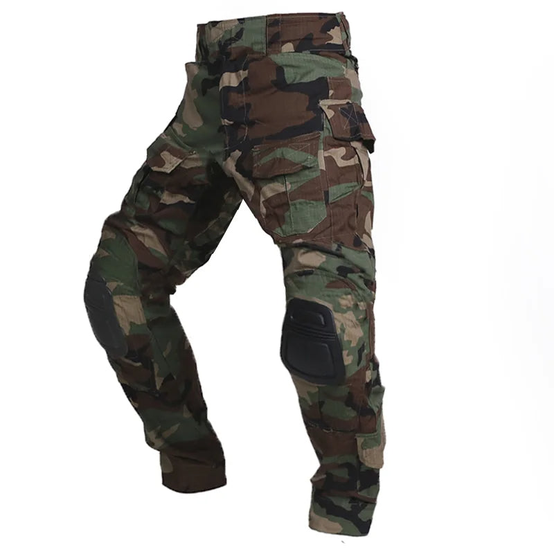 Detail of durable, rip-stop fabric on men's tactical cargo pants, designed for rugged outdoor, work, & utility wear.