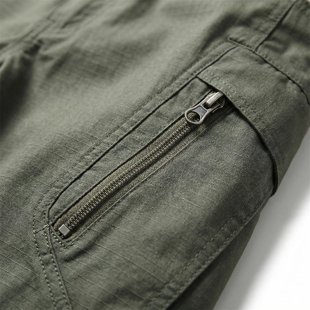 Comfortable men's stretch cargo pants with 9 pockets, perfect for utility, hiking, and adventure gear.