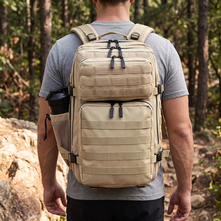 Men's tactical hiking backpack, durable Molle rucksack for outdoor adventure & gear organization.