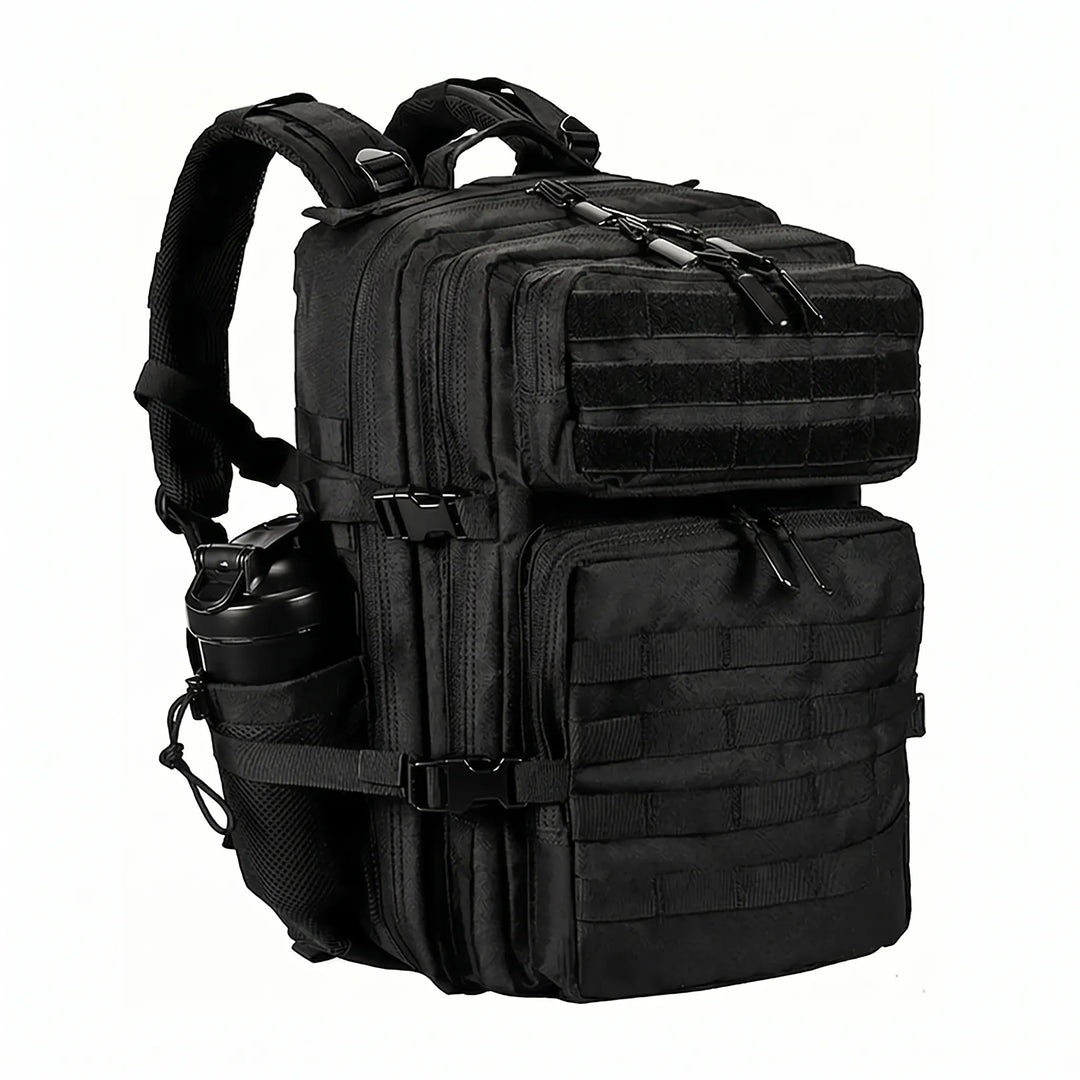 Man wearing a durable tactical hiking backpack, navigating a trail, ready for any outdoor challenge.
