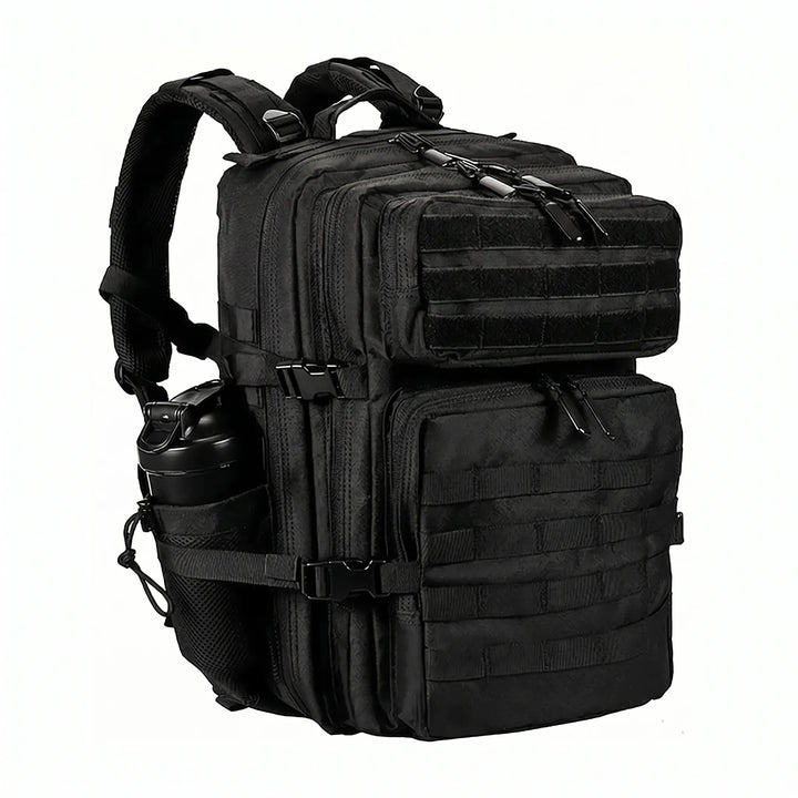Man wearing a durable tactical hiking backpack, navigating a trail, ready for any outdoor challenge.