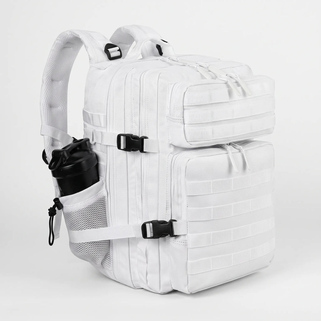 Men's tactical hiking backpack propped against a rock, ready for an outdoor adventure & travel.