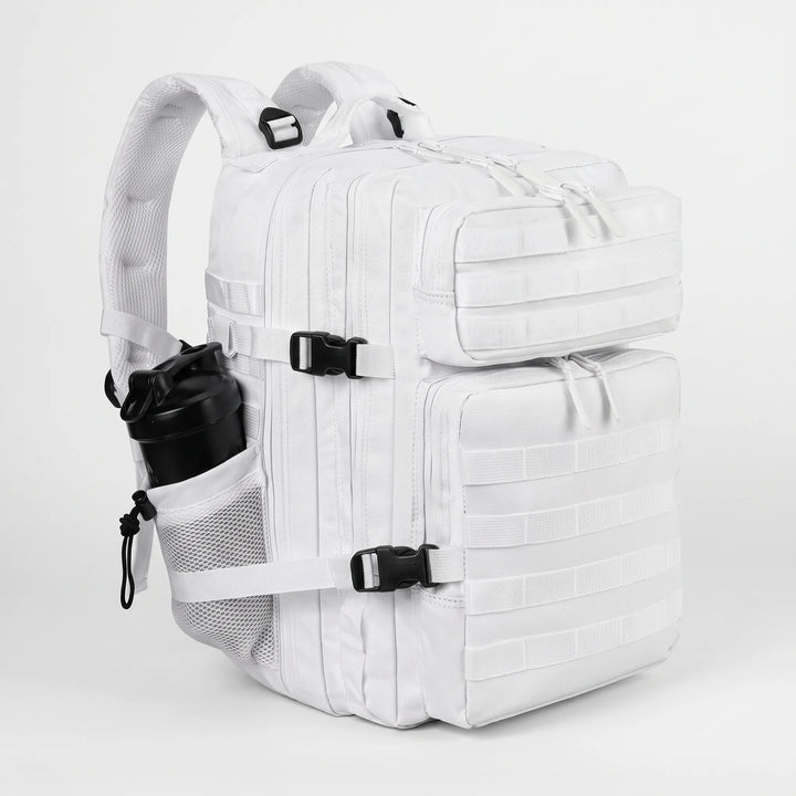 Men's tactical hiking backpack propped against a rock, ready for an outdoor adventure & travel.