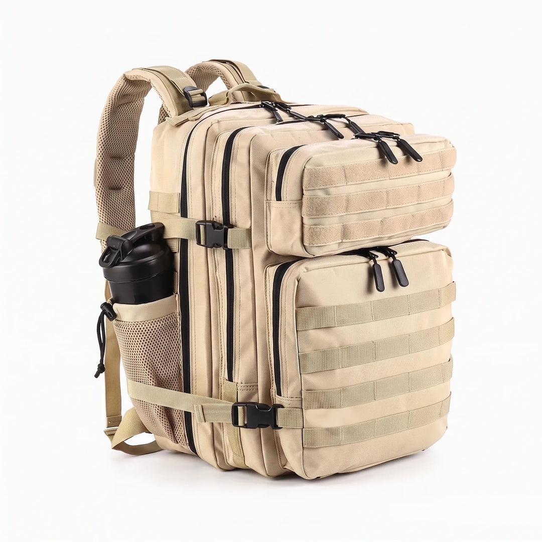 Close-up of durable, water-resistant fabric on a men's tactical rucksack, built for tough outdoor use.