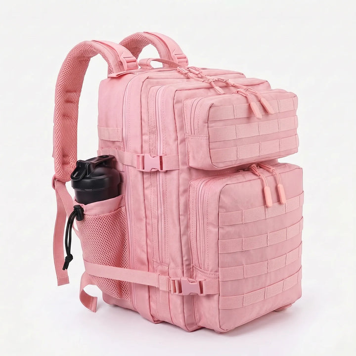 Molle webbing on a tactical men's hiking backpack, showcasing attachment points for extra gear & pouches.