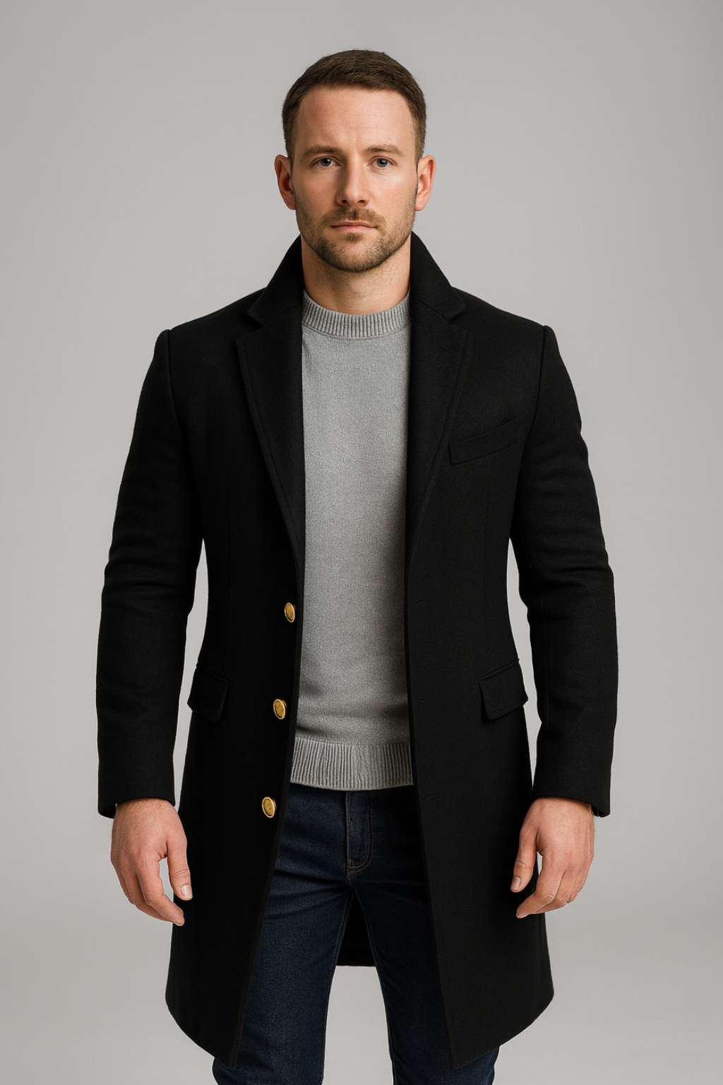 Men's tailored black long trench coat with elegant gold buttons, perfect for formal and smart casual winter wear.