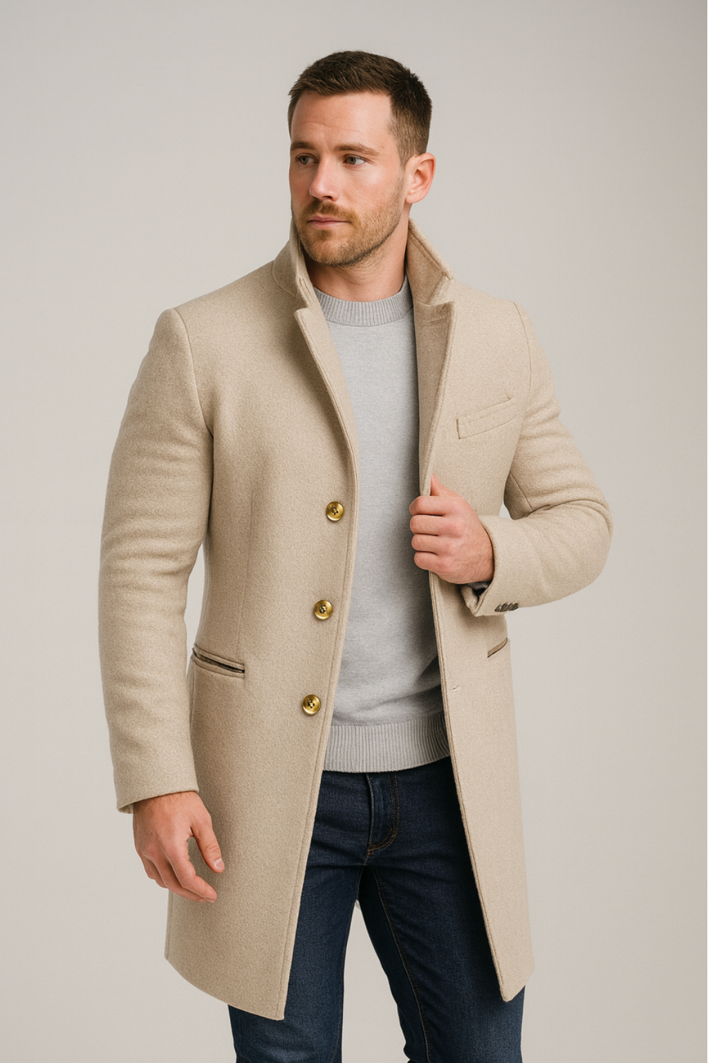 Elegant men's black long trench coat with stylish gold buttons, ideal for autumn fashion & formal outerwear.