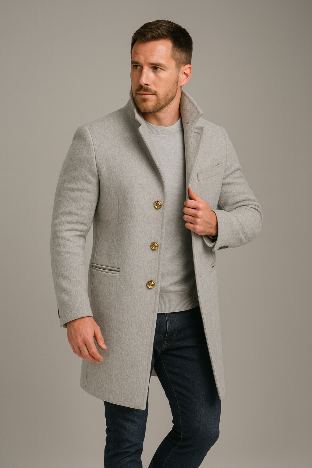 Stylish men's black formal long coat featuring prominent gold buttons, a tailored design for elegant winter wear.