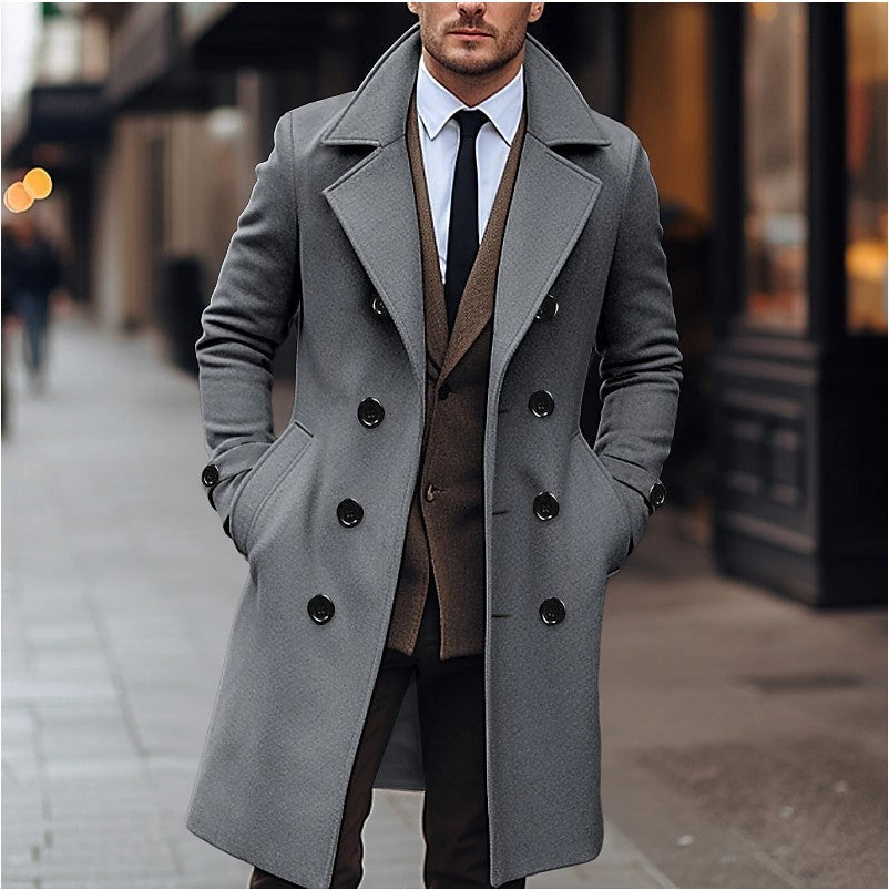 Men's tailored double-breasted long winter overcoat for classic warmth & style in cold weather formal wear.