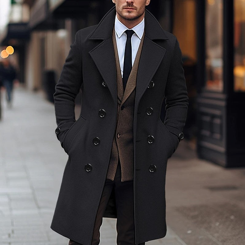 Classic men's long overcoat, double-breasted, perfect for smart casual or formal winter menswear style.