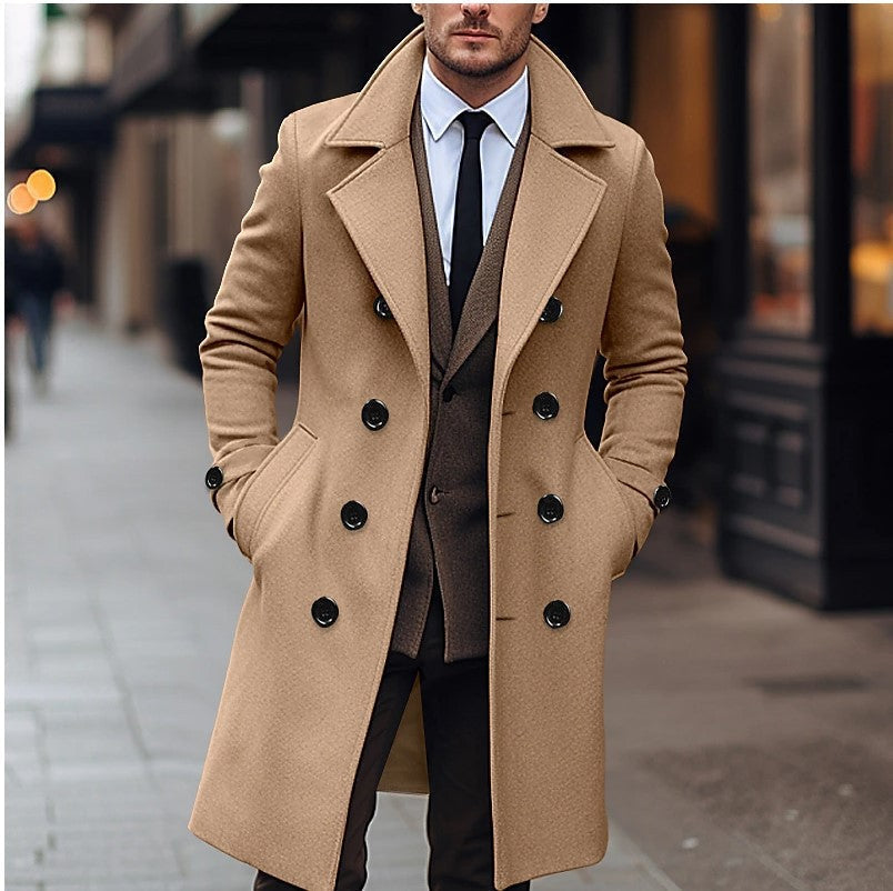 Timeless men's double-breasted long overcoat. A warm, tailored classic winter coat for elegant menswear.