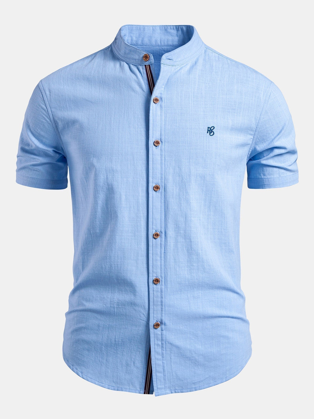 Men's tailored fit short sleeve shirt with a modern mandarin collar, perfect for summer casual wear.