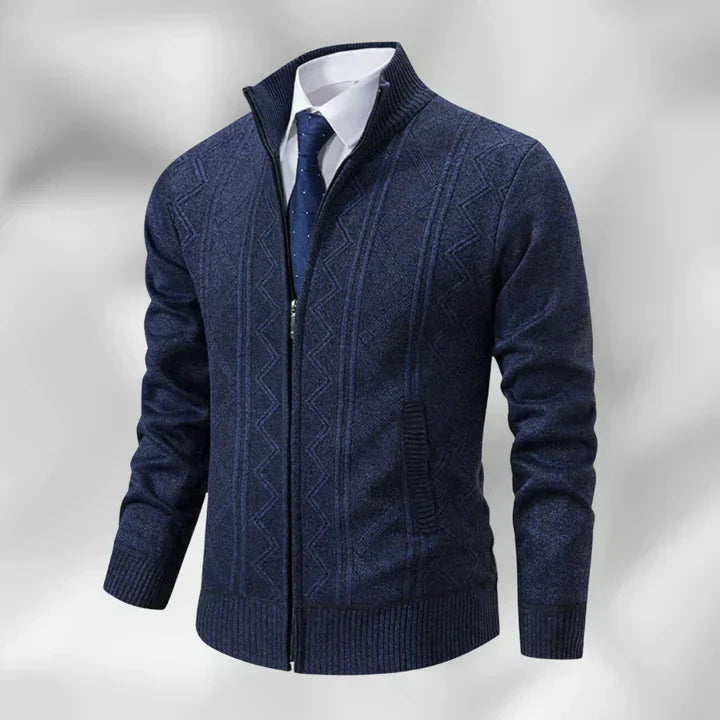 Men's tailored fit zip-up cardigan with smart stand collar. Perfect for business casual or versatile autumn/winter layering.
