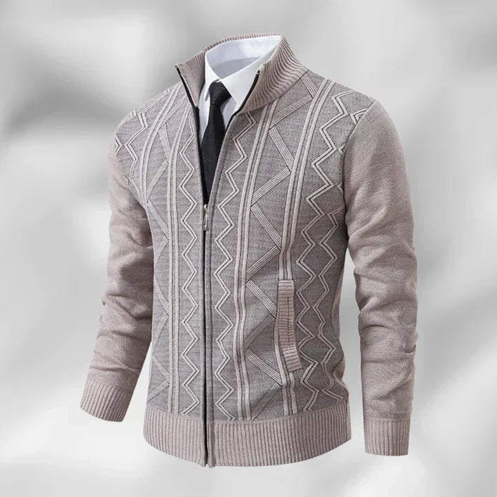 Dark blue men's zip-up cardigan with stand collar. A versatile layering piece for smart casual or everyday men's fashion.
