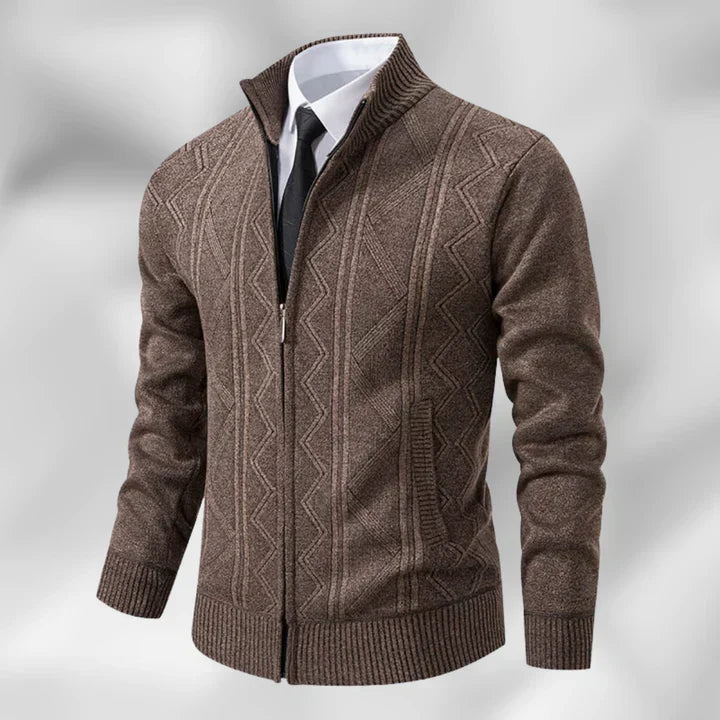 Beige men's zip-up stand collar cardigan. Ideal for business casual, comfortable autumn wear & stylish winter layering.