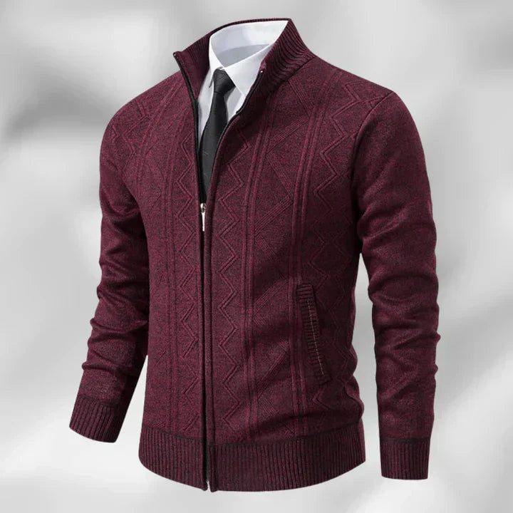 Smart men's zip-up cardigan with stand collar. Tailored fit for versatile business casual or everyday autumn & winter looks.