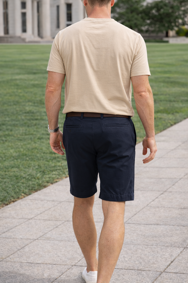 Men's casual tailored flat-front stretch shorts, ideal for smart casual summer outfits & everyday comfort.