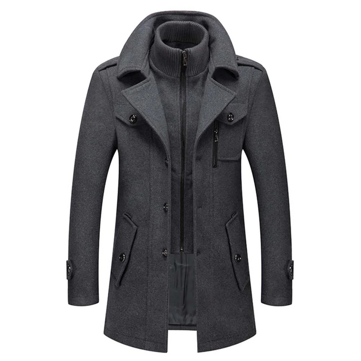Sharp, structured men's military jacket; modern tailored outerwear for smart casual men's fashion.