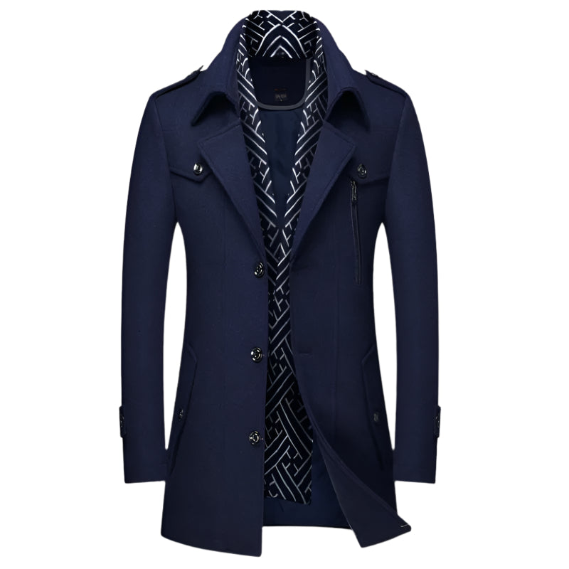 Men's tailored military overcoat, longline double-breasted design, ideal winter outerwear.