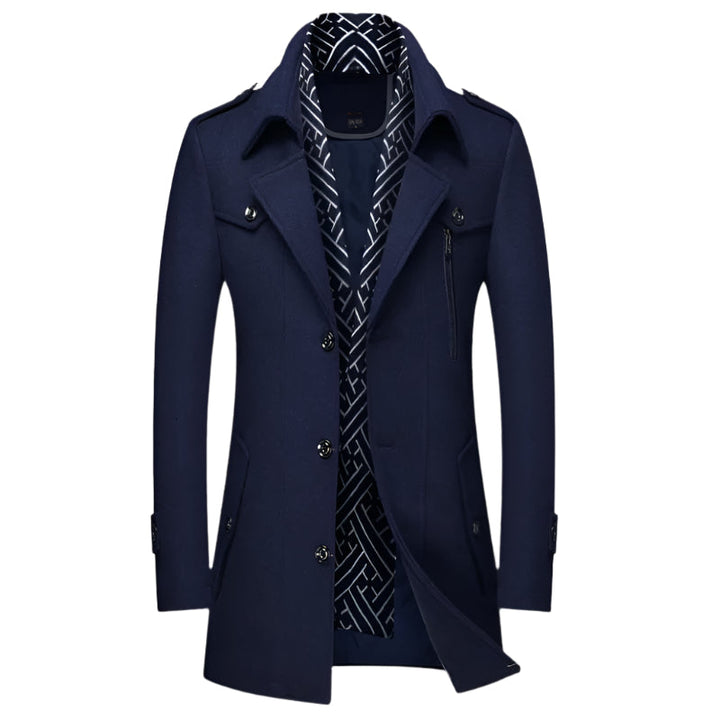 Men's tailored military overcoat, longline double-breasted design, ideal winter outerwear.