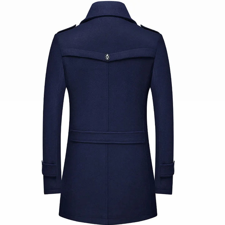 Distinctive men's longline military trench coat, perfect for smart casual & formal winter fashion.