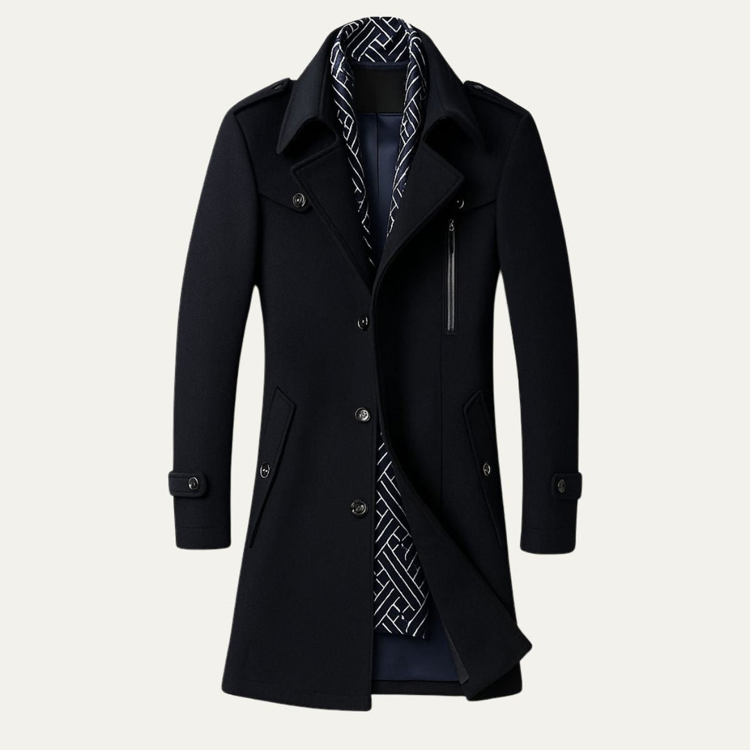 Stylish men's double-breasted military overcoat, featuring longline design & a sharp tailored fit.