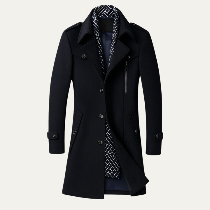 Stylish men's double-breasted military overcoat, featuring longline design & a sharp tailored fit.