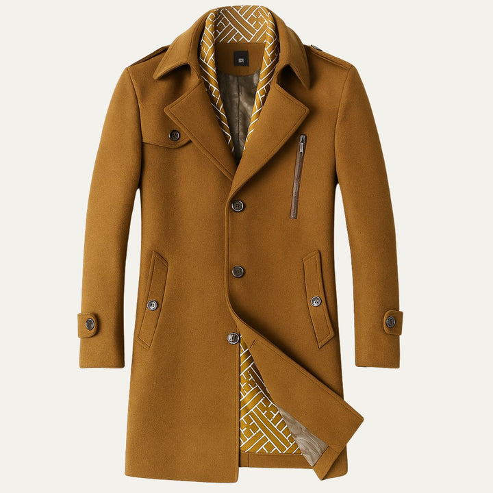 Fashion-forward men's longline military trench coat, essential outerwear for a modern winter look.