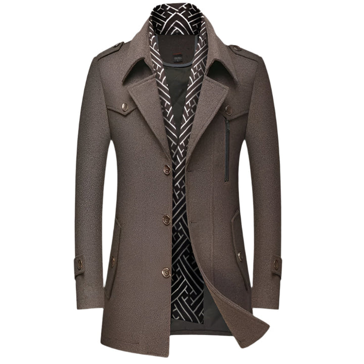 Versatile men's tailored longline overcoat, military style double-breasted, suitable for formal or casual.