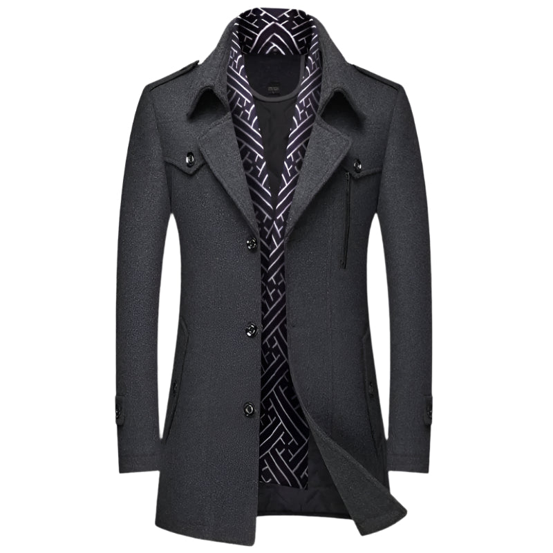 Classic men's military style long trench coat, tailored double-breasted for elegant winter fashion.