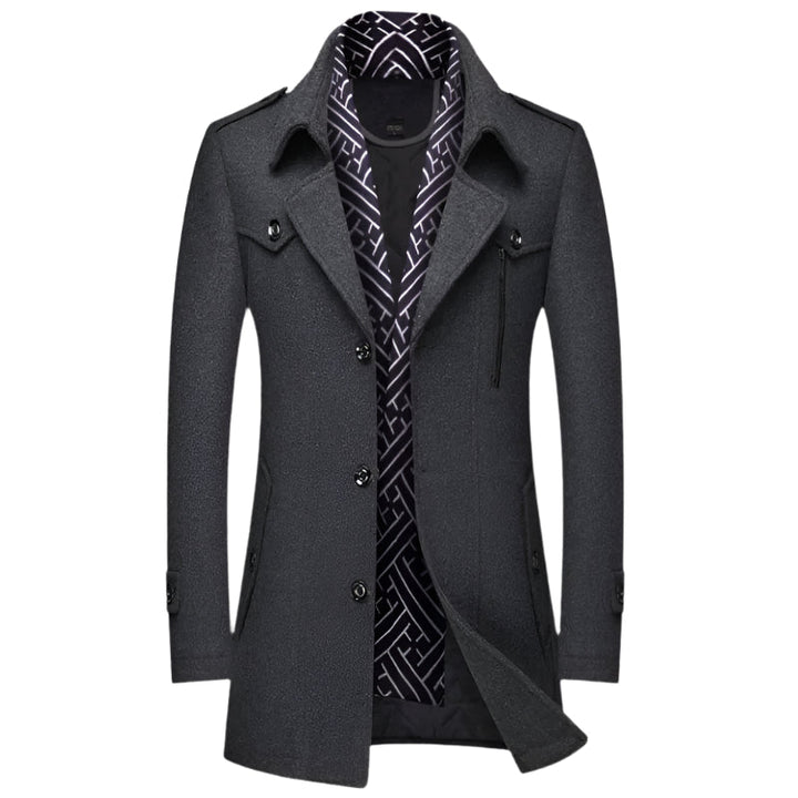 Classic men's military style long trench coat, tailored double-breasted for elegant winter fashion.