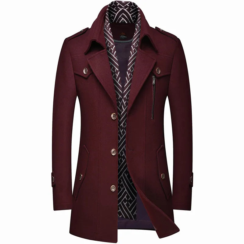 Full view of a men's longline tailored military overcoat, double-breasted, offering warmth & style.