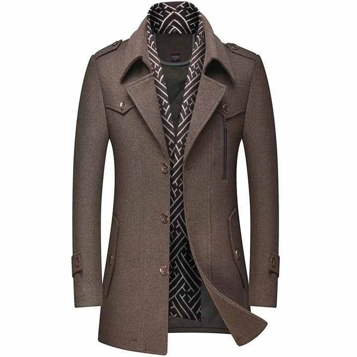 Detailed shot of a men's distinctive longline military overcoat, double-breasted, tailored for winter.