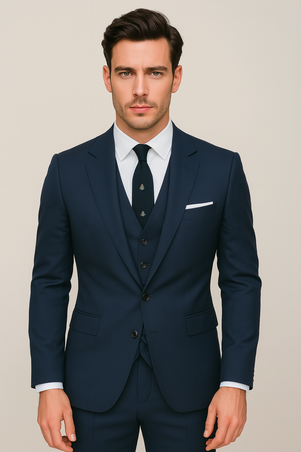 Men's tailored navy blue three-piece suit set for formal events, business, or weddings. Modern men's fashion.