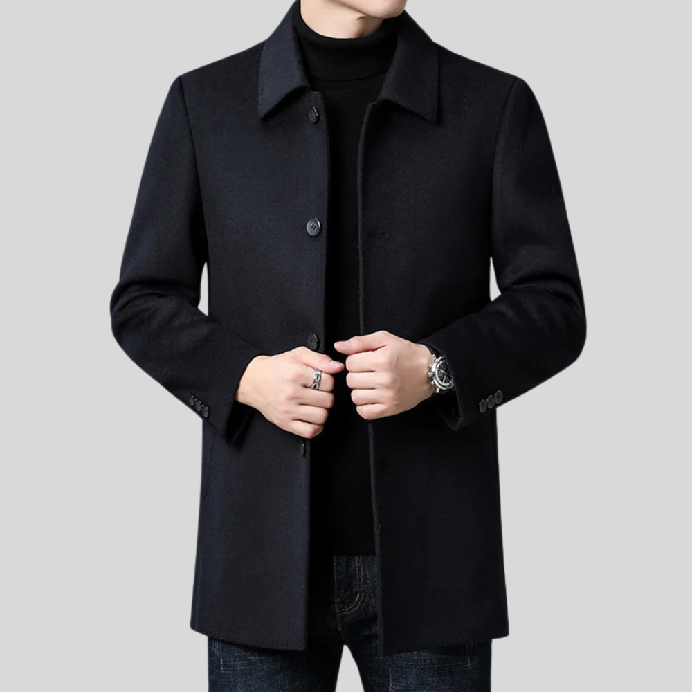 Men's tailored single-breasted overcoat for smart winter style, perfect for business attire.