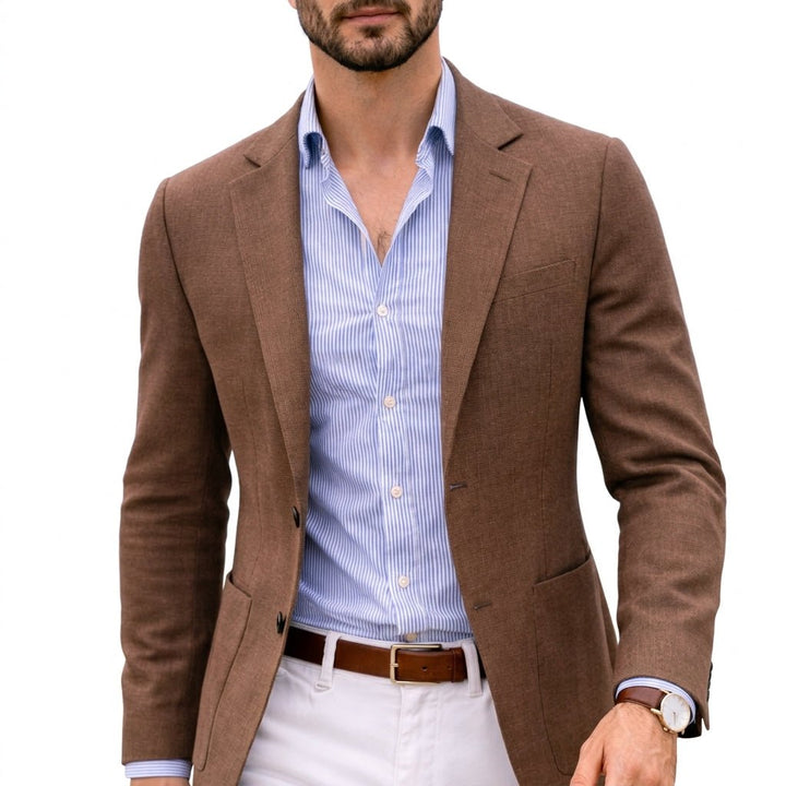 Classic men's tailored suit blazer, offering a sleek smart fit for formal wear, office, & everyday elegance.