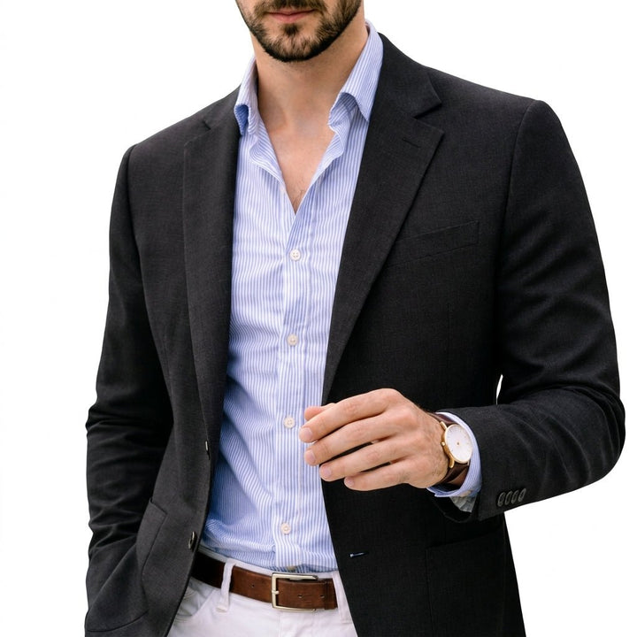 Modern men's tailored blazer, a versatile suit jacket for men's fashion, suitable for smart casual to formal wear.