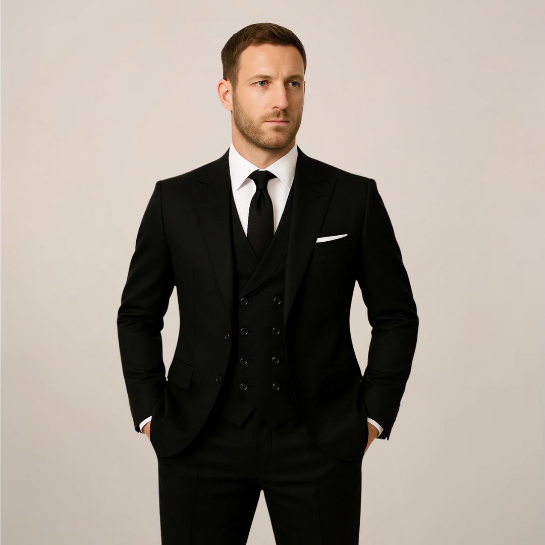 Men's tailored three-piece dinner suit with contrast lapel, perfect for formal events & black tie occasions.