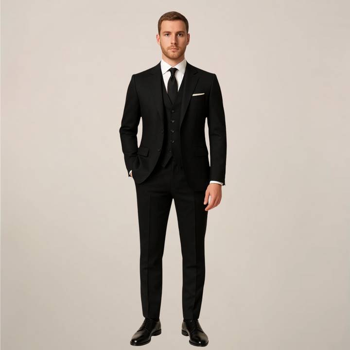 Stylish men's formal three-piece suit, featuring a sophisticated contrast lapel for special occasions.