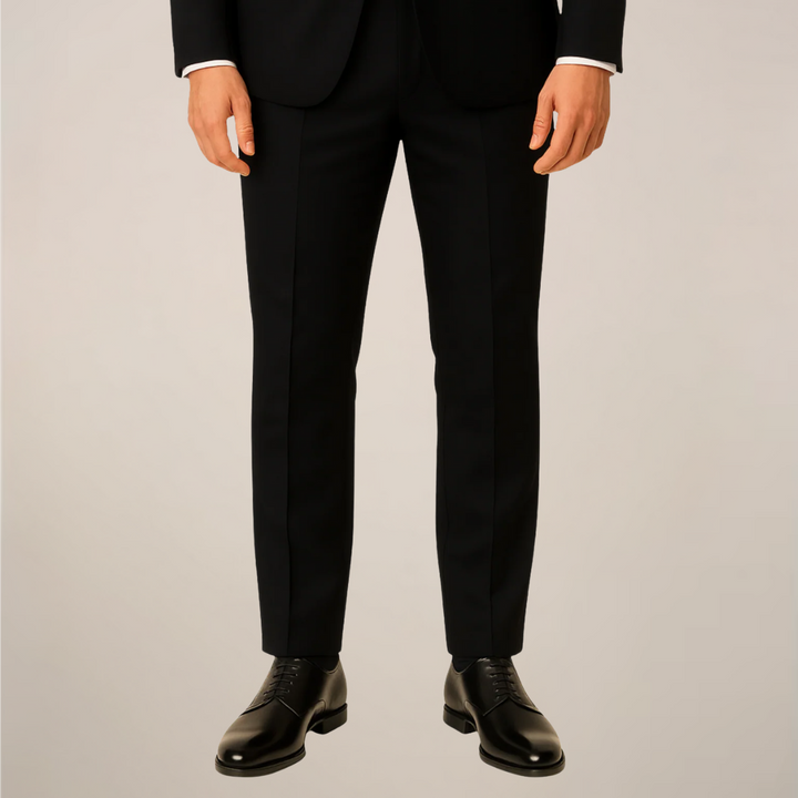 Elegant men's three-piece dinner suit: jacket, waistcoat, trousers. Features a distinctive contrast lapel.