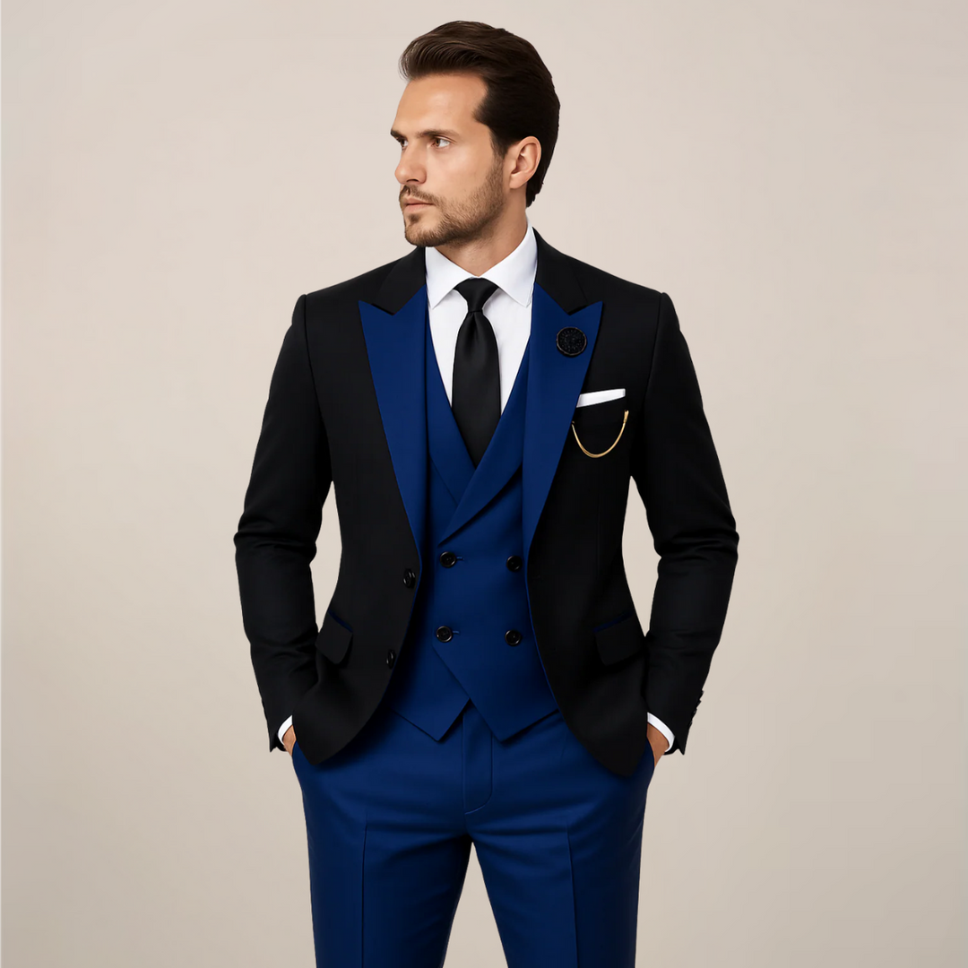 Classic men's three-piece dinner suit, ideal for black tie & formal events. Features a chic contrast lapel.