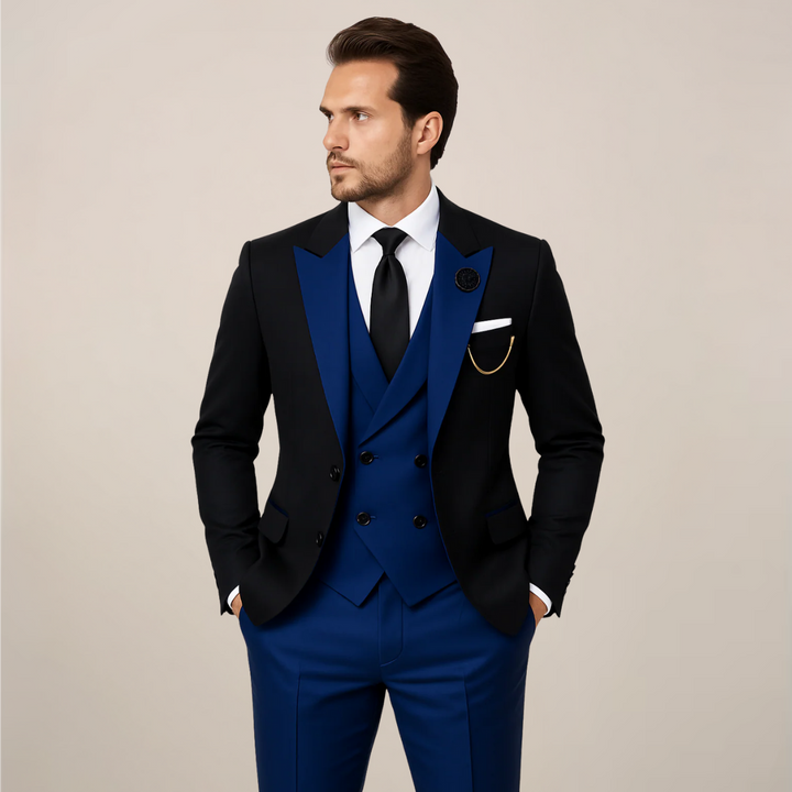 Classic men's three-piece dinner suit, ideal for black tie & formal events. Features a chic contrast lapel.
