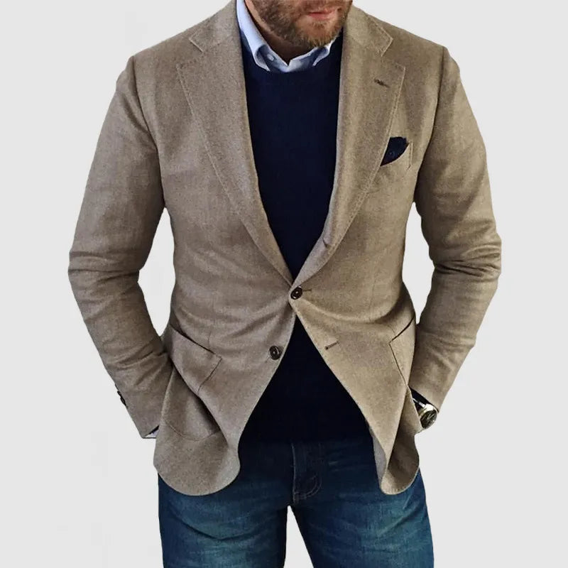 Stylish men's tailored blazer in a two-button design. Ideal for smart casual events, business, or formal wear.