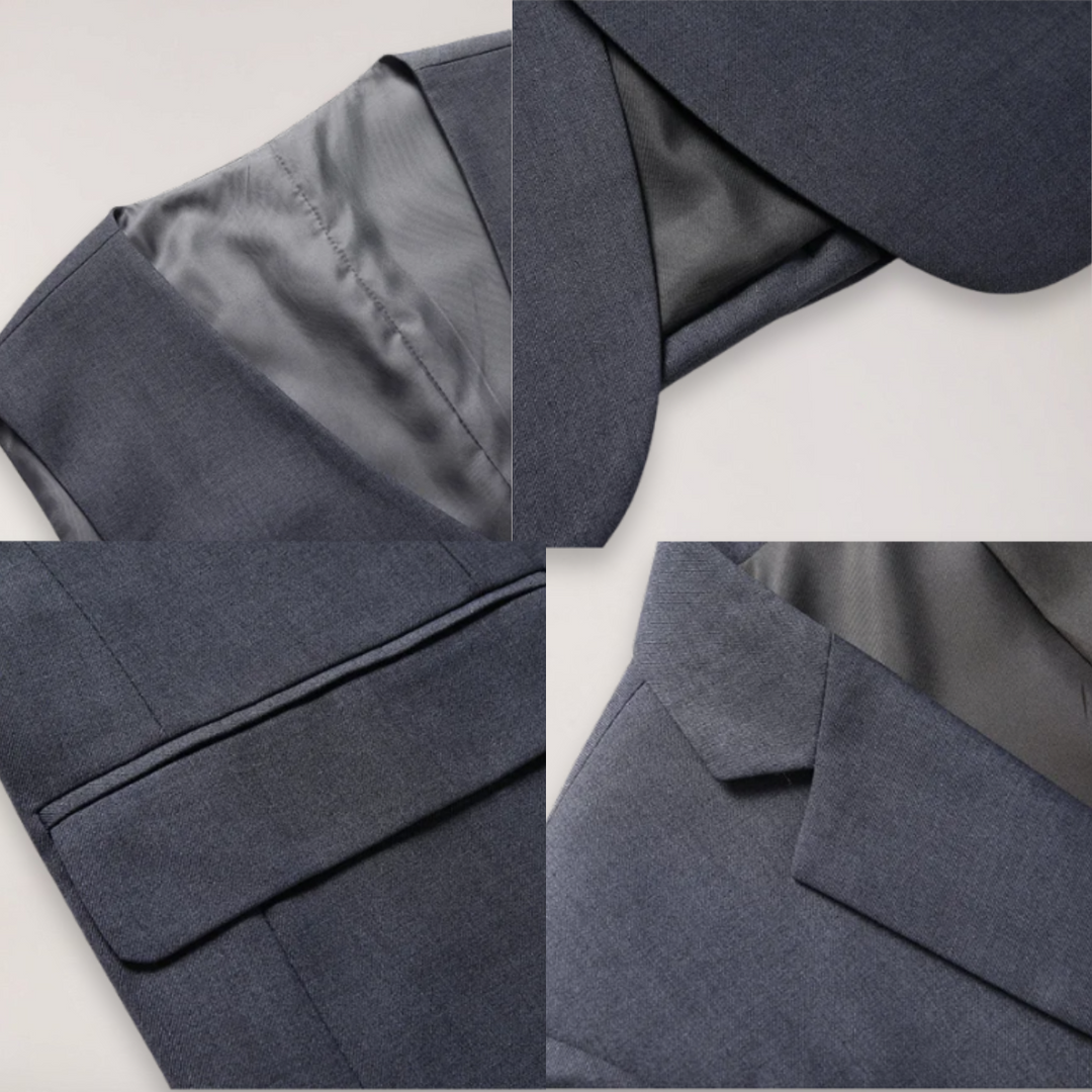 Man wearing a sophisticated tailored two-piece formal suit, blazer & trousers, for any occasion.